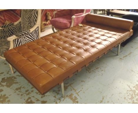 BARCELONA STYLE DAY BED, as originally by Ludwig Mies van der Rohe 1930, in brown leather on chrome legs, 198cm W x 97cm D.