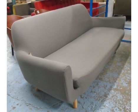 SOFA, three seater, grey cloth in the mid century taste on turned beechwood feet, 197cm x 80cm x 80cm.