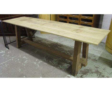 FARMHOUSE TABLE, Vintage reclaimed oak, three plank rectangular top and thick pine stretchered support, 70cm D x 241cm W x 73
