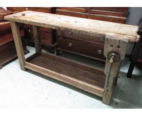 WORK BENCH, 19th century vintage oak and pine with copper and iron handled vice, 84cm H x 164cm W x 60cm D.