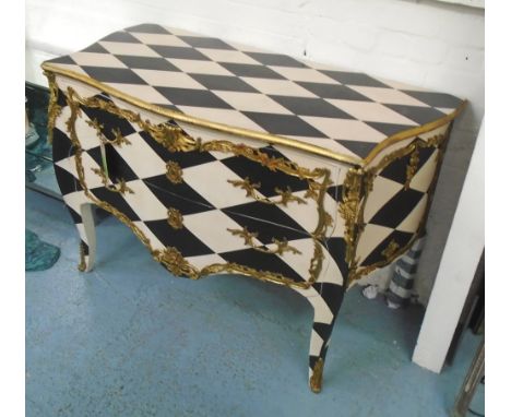 HARLEQUIN BOMBE COMMODE, Louis XV style in black and white with gilt effect metal mounts and handles, 130cm L x 66cm D x 85cm