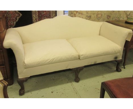 SOFA, late 19th/early 20th century Georgian style mahogany with a shaped back and calico upholstery having two loose seat cus