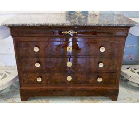 COMMODE, 19th century French Louis Philippe flame mahogany with four drawers and veined grey St Anne's marble top, 95cm H x 1