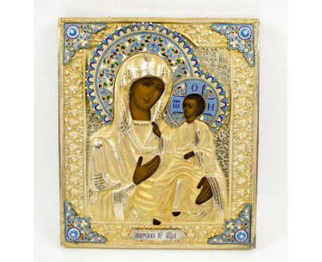 RUSSIAN ICON, with hallmarked silver gilt and coloured enamel oklad, depicting mother of god and baby Christ, 31cm H x 26.5cm
