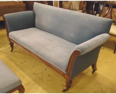 DROP END SOFA, early Victorian mahogany on turned feet with castors, upholstered in blue velvet, 163cm L x 67cm D x 84cm H.