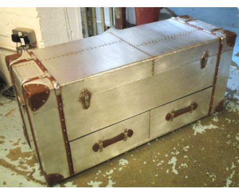 AVIATION TRUNK, metal clad with hinged top above two drawers with leather handles, 50cm H x 11cm W x 40cm D.