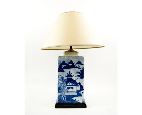 TABLE LAMP, Chinese blue and white of rectangular form with shade, 20cm W x 20cm D x 68cm H, including shade, 
