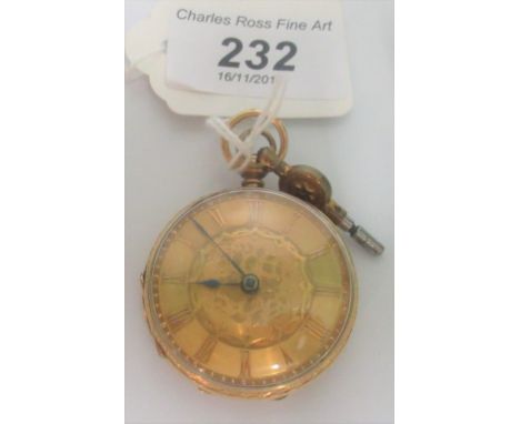 A mid-Victorian 18ct gold open faced pocket watch, the machine turned dial with applied Roman numerals, the case engraved wit