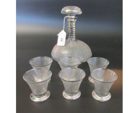An Art Deco-style silver and crackle glass decanter, together with six matching liqueur glasses. Condition Report: Overall co
