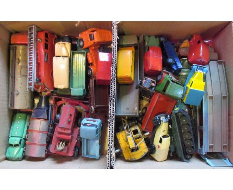 Two boxes containing approximately twenty-five Dinky play worn condition toys, mainly commercial, to include: Foden Eight Whe
