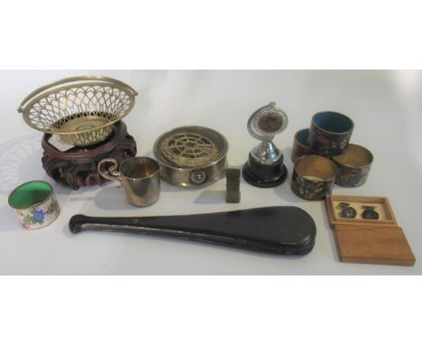 A circa 1900 Chinese folding opium scale, together with six cloisonne napkin rings, novelty cigarette lighter and other assoc