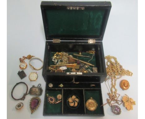 A small box containing a quantity of miscellaneous items, to include: pocket watches, yellow metal chain, pencils, wristwatch