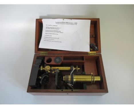 A 19th century cased compound brass microscope, unsigned, circa 1885.