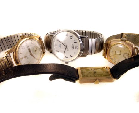 Two Art Deco 9ct gold watches, including a Helvetia example together with three others watches, comprising a Certina yellow m