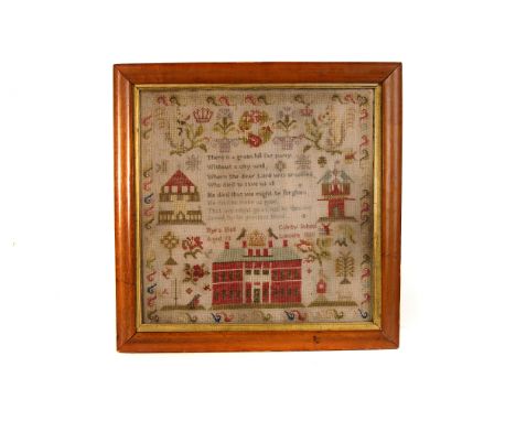 A 19th century needlework sampler, having the hymn 'There is a Green Hill Far Away' to centre, surrounded by architectural an