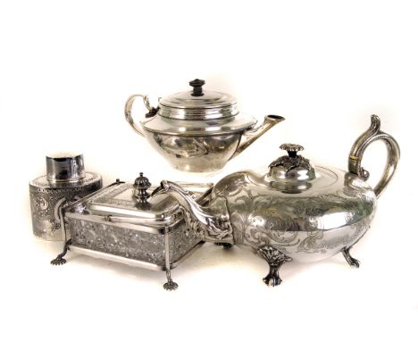 A collection of silver and silver plated items, to include a large teapot, a flask, a cut glass bowl and other items (parcel)