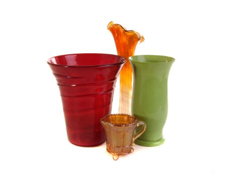 A ruby ribbon moulded Whitefriars vases, together with other glass items, including a carnival glass vase and jug and more (p