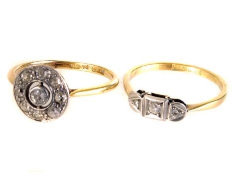 An 18ct gold Art Deco diamond circle ring, together with another similar, size P1/2 and N1/2 respectively, approx 4.8g