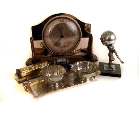 A collection of Art Deco items, including desk sets, a Dutch Hero, silver plated cream and sugar, a clock and more (parcel)