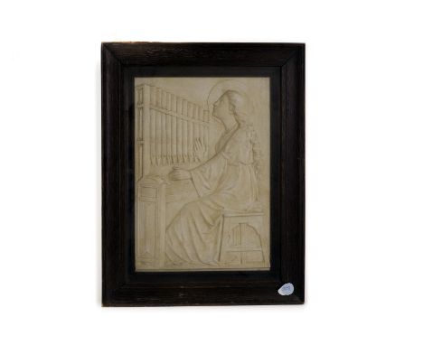 An Edwardian devotional plaster relief, depicting St Cecilia playing with her organ 38cm x 26.5cm, glazed and in oak frame