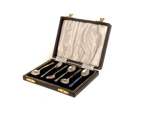 A cased set of Elizabeth II Art Deco silver and enamel coffee spoons, marked Birmingham 1955, each having different colour en