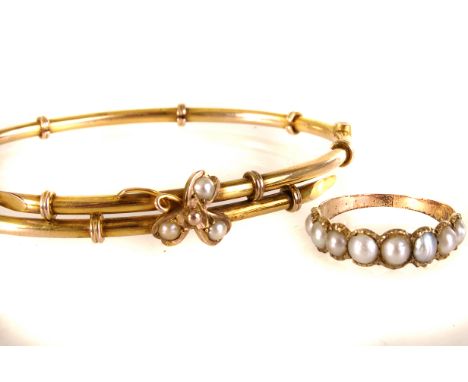 A 9ct gold and seed pearl bangle, together with a gold and eight pearl dress ring (2)