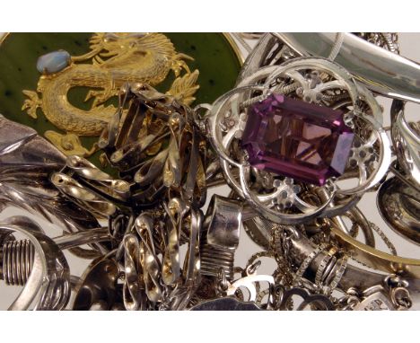 A group of silver and other jewellery items, including a 9ct gold plated bangle, a silver bangle, a gatelink bracelet, a gem 