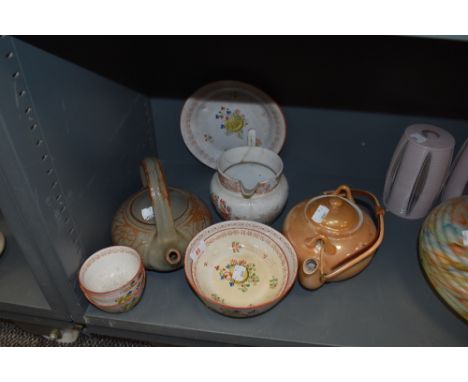 A selection of tea wares including antique partial tea service having hand decorated tea bowls and cake plate some (AF)