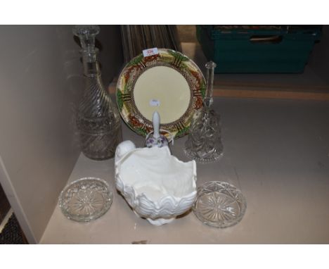 A collection of vintage glass including decanter, Coalport shell planter and similar.