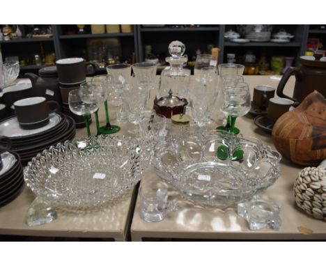 A mixed selection of vintage glass including decanter,bowls and wine glasses.