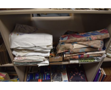 A selection of vintage table linen including those with embroidered crinoline ladies, a box of button and an assortment of fa