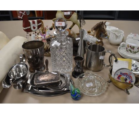 A collection of plated ware and similar including decanter,trophies,silent butler dish and more.
