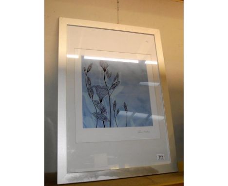 A large framed and glazed print of stylized flowers signed Rosie Medean 57cm x 77cm COLLECT ONLY