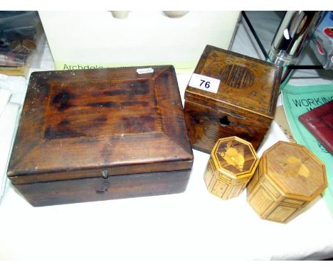 A Victorian inlaid tea caddy a/f, 2 straw boxes and 1 other box