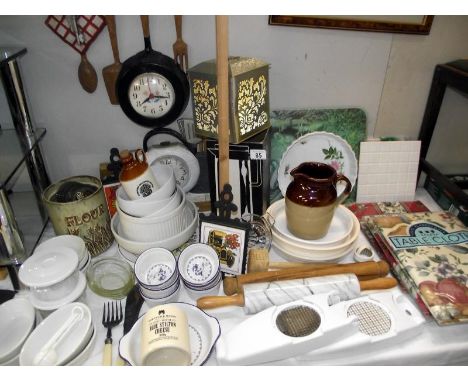 A good selection of kitchenalia including marble rolling pin, pyrex, clocks etc, COLLECT ONLY