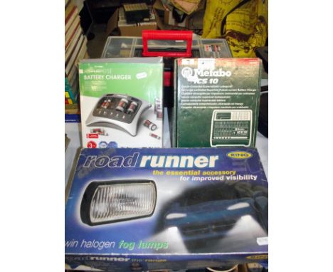 A pair of odd car driver lights in wrong box, 2 battery chargers and a tool box of electrical tools, 