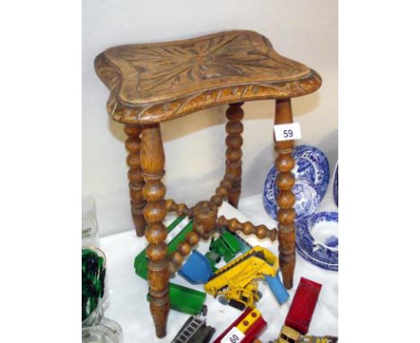 Early 20c oak stool with carved top and bobbin turned legs,  height 45cm,  COLLECT ONLY