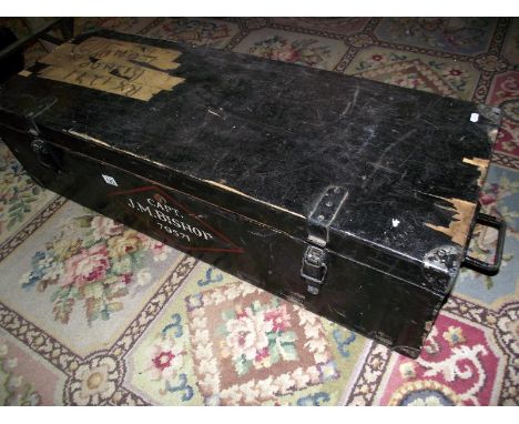 A wooden trunk sign written to Capt J M Bishop 79571 and contents of misc tools etc, COLLECT ONLY