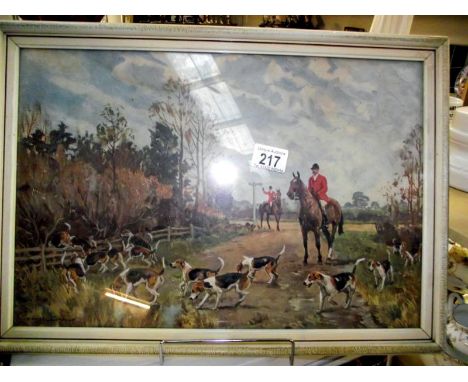 A vintage framed and glazed print of a hunting scene, COLLECT ONLY