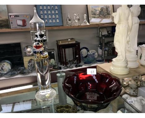 A ruby glass bowl and Galileo thermometer, COLLECT ONLY