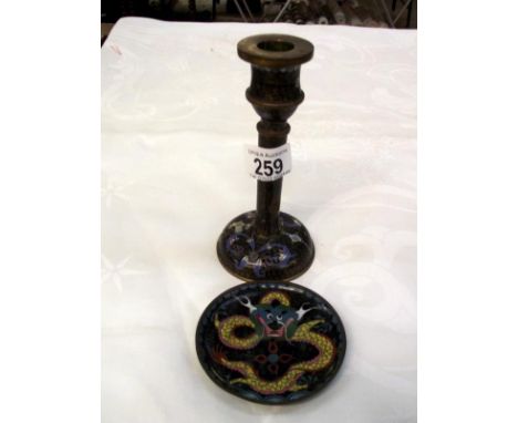 19c cloisonne enamel candlestick, slight a/f and a dragon decorated pin dish