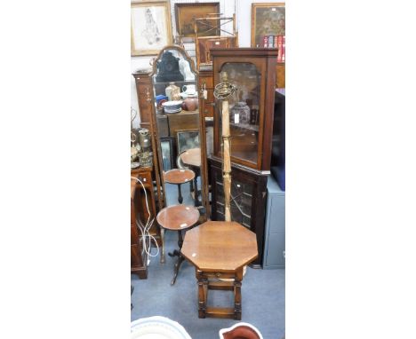 A 1930'S QUEEN ANNE STYLE CHEVAL MIRROR, an oak table, a wine table, a marble standard lamp and two hanging corner cabinets