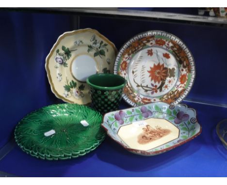 A REGENCY CERAMIC DISH decorated with a woman playing a harp, a green glazed Victorian flower pot and similar ceramics