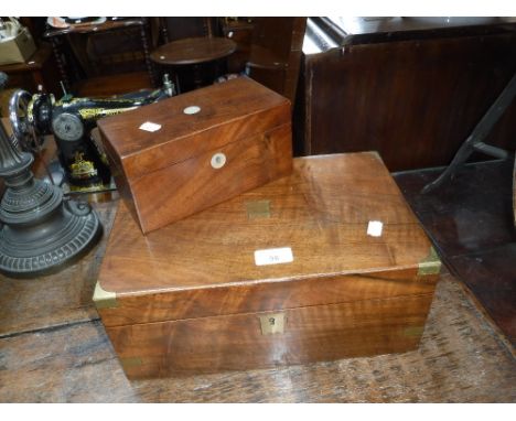 A 19TH CENTURY WALNUT WRITING SLOPE and a mahogany tea caddy