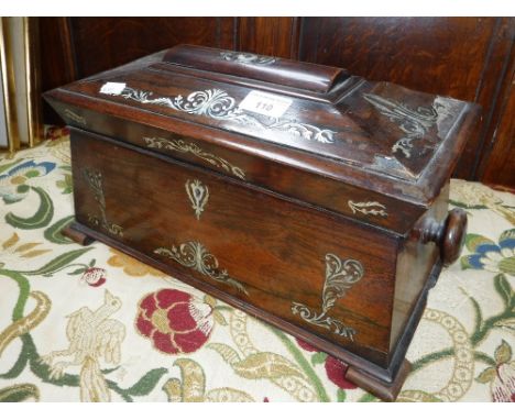 A 19TH CENTURY ROSEWOOD AND MOTHER OF PEARL INLAID TEA CADDY