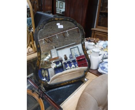 AN 18TH CENTURY EASEL DRESSING MIRROR of cartouche form with japanned decoration, 49 cms wide
