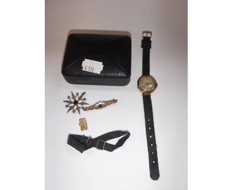 A LADIES 9CT ROSE GOLD WRISTWATCH, an amethyst and pearl pendant and a bar brooch (3)