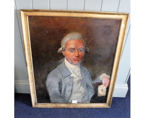 A PORTRAIT OF AN 18TH CENTURY GENTLEMAN in a blue coat holding a letter, oil on canvas