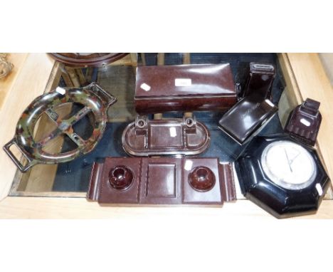 A VINTAGE 1930'S BAKELITE DESK SET,  a barometer and similar Bakelite items