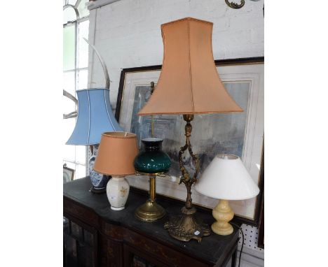 A VICTORIAN STYLE BRASS STUDENT'S LAMP (converted to electric) and similar table lamps
